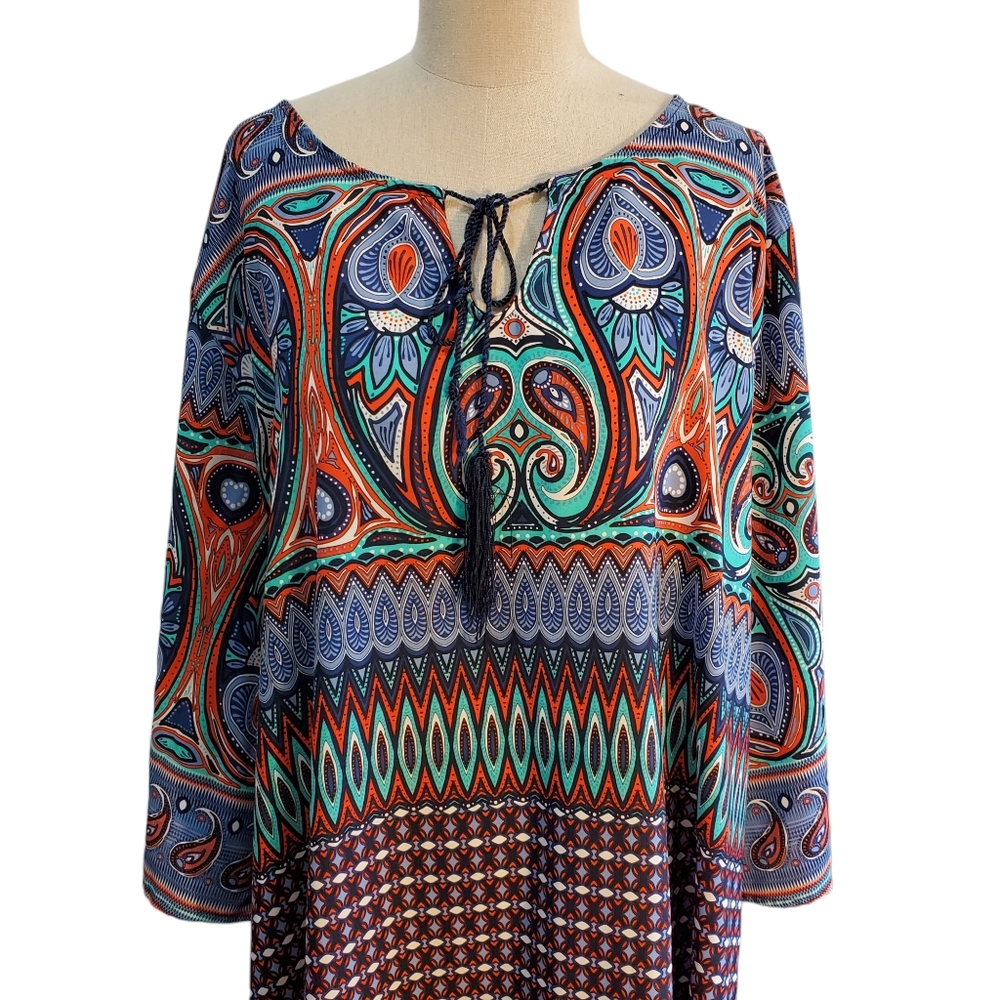 West Kei Boho Retro 3XL Paisley Tassel Keyhole Shift Dress Blue Orange DB4590-G